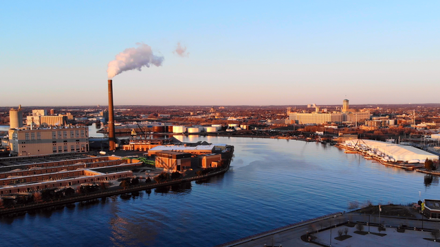 Aerial view of city at dawn Industrial cityscape Milwaukee Wisconsin USA